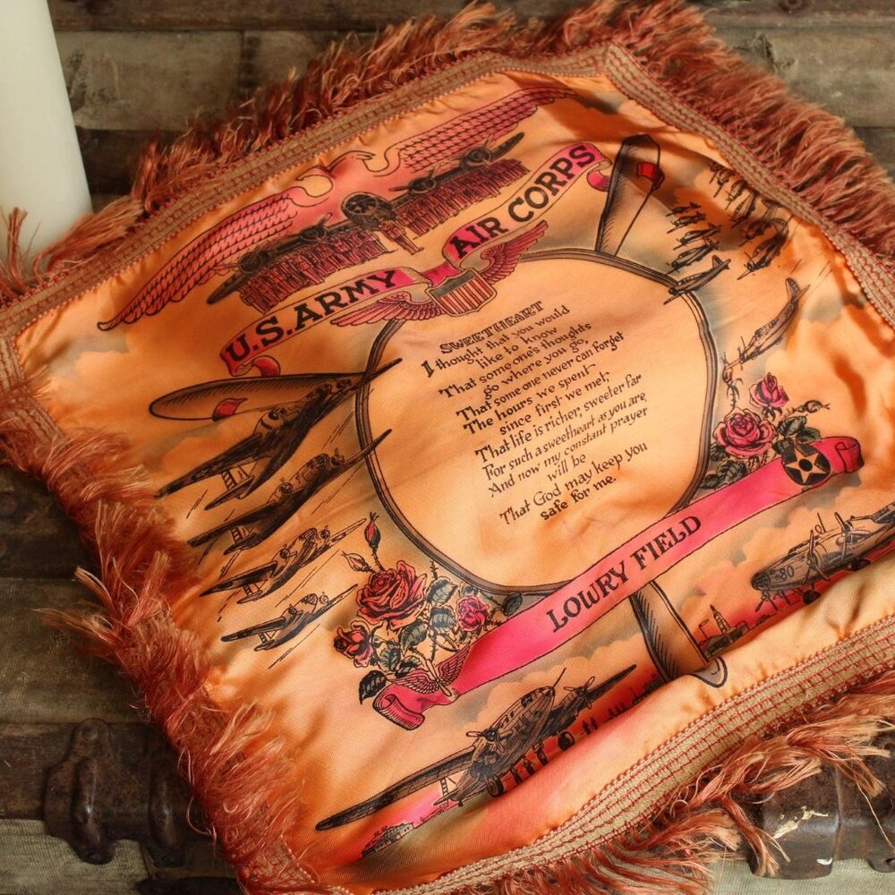 Vintage 1940s Pillowcase, US Army Air Corps Sweetheart Souvenir Orange Satin